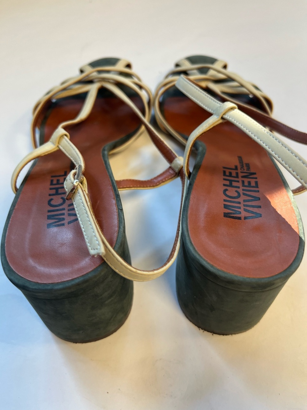 Michel Vivien Forest Green & Cream Suede Block Heel Cutout Sandals Sz. 38 - Picture 6 of 7